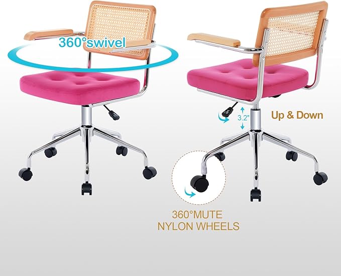Zesthouse Modern Home Office Chair Velvet Desk Chair with Natural Rattan Back, Vanity Chair for Girls Women, Upholstered Tufted Swivel Armchair, Height Adjustable Computer Task Chair, Rose Red - LeafyLoom