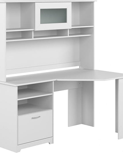 Bush Furniture Cabot 60W Corner Desk with Hutch in White - LeafyLoom