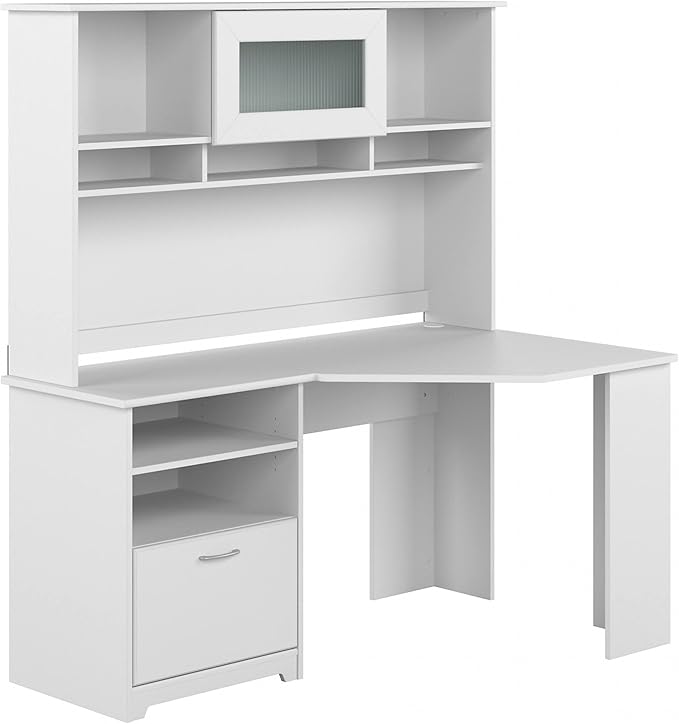 Bush Furniture Cabot 60W Corner Desk with Hutch in White - LeafyLoom