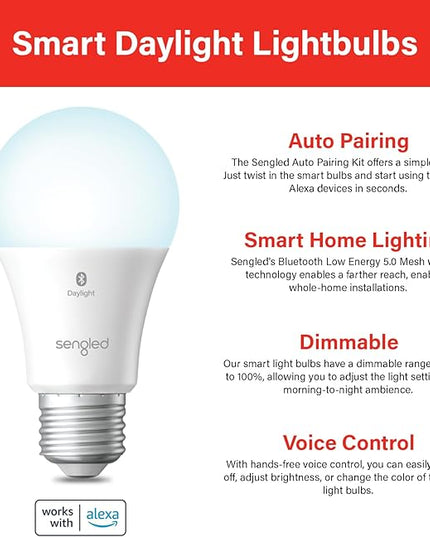 Sengled Alexa Light Bulb, S1 Auto Pairing with Alexa Devices, Smart Light Bulbs that Work with Alexa, Bluetooth Mesh Smart Home Lighting, Daylight 5000K, E26 60W Equivalent, 800LM, 6-Pack Sengled