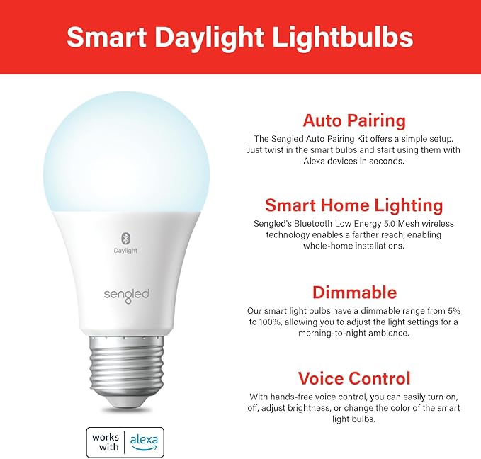 Sengled Alexa Light Bulb, S1 Auto Pairing with Alexa Devices, Smart Light Bulbs that Work with Alexa, Bluetooth Mesh Smart Home Lighting, Daylight 5000K, E26 60W Equivalent, 800LM, 6-Pack Sengled