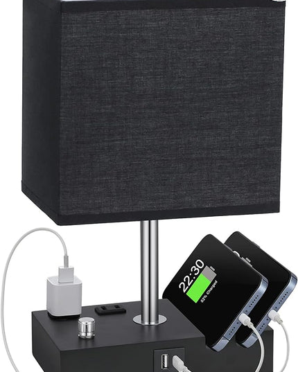 Kakanuo Table Lamp for Bedroom with Dual USB Ports, Fully Dimmable Black Bedside Lamp with Phone Stands and 2 Charging Outlets, Desk Lamp for Nightstand and Living Room, LED Bulb Included - LeafyLoom