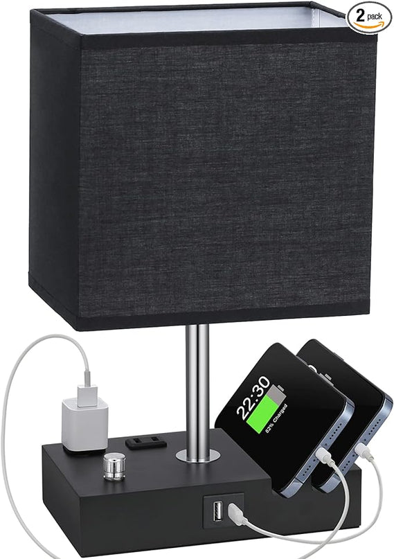 Kakanuo Table Lamp for Bedroom with Dual USB Ports, Fully Dimmable Black Bedside Lamp with Phone Stands and 2 Charging Outlets, Desk Lamp for Nightstand and Living Room, LED Bulb Included - LeafyLoom