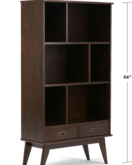 SIMPLIHOME Draper SOLID HARDWOOD 35 Inch Mid Century Modern Wide Bookcase and Storage Unit in Medium Auburn Brown, For the Living Room, Study Room and Office - LeafyLoom