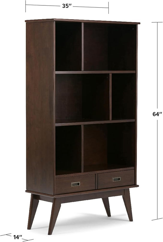 SIMPLIHOME Draper SOLID HARDWOOD 35 Inch Mid Century Modern Wide Bookcase and Storage Unit in Medium Auburn Brown, For the Living Room, Study Room and Office - LeafyLoom