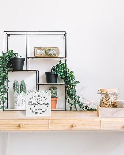 Creoate Housewarming Gifts New Home Decor New Home New Memories Wooden Box Sign Rustic Housewarming White Block Sign Home Décor Accents Living Room Shelf Desk Decoration 5.9 x 5.9 Inches Gift (White) - LeafyLoom