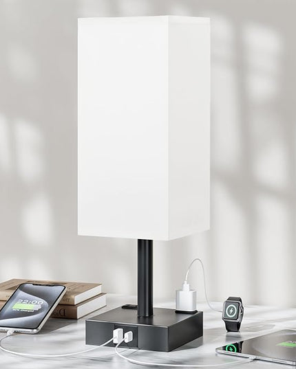 Touch Bedside Table Lamp For Nightstand - 3-Way Dimmable Night Lamp with USB A + Type C Charging Ports and two AC Outlets, Small Desk Light with E26 LED Bulb for Bedroom Living Room ,WHITE BLACK - LeafyLoom