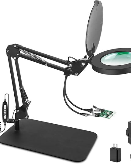Magnifying Glass with Light, 3-in-1 Magnifying Desk Lamp 10X LED Magnifying Lamp with Heavy Base & Clamp, 5 Color Modes Stepless Dimmable, Magnifier Light for Soldering Craft Workbench - LeafyLoom