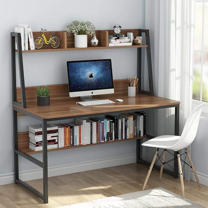 Tribesigns Computer Desk with Hutch, 47 inches Home Office Desk with Space Saving Design with Bookshelf for Small Spaces (Dark Walnut, 47) - LeafyLoom