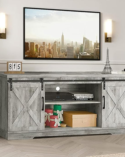 Farmhouse TV Stand for 65 Inch TV Entertainment Center TV Media Console Cabinet, Grey TV Stand with Storage, Barn Doors and Shelves, Tall Modern TV Console Table Furniture for Living Bedroom - LeafyLoom