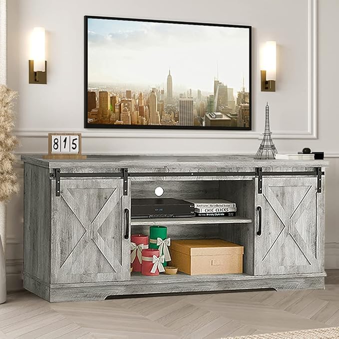 Farmhouse TV Stand for 65 Inch TV Entertainment Center TV Media Console Cabinet, Grey TV Stand with Storage, Barn Doors and Shelves, Tall Modern TV Console Table Furniture for Living Bedroom - LeafyLoom