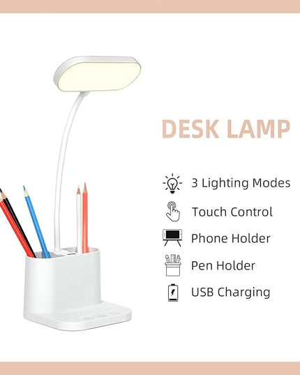 Study Lamp, Rechargeable LED Desk Lamp with Pen Holder, 8 Brightness Desk Lamp with USB Charging Port, Dimmable Reading Light Table Lamp for Kids - LeafyLoom
