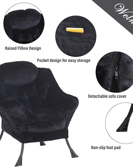 Welnow Lazy Chair with Ottoman, Modern Lounge Accent Chair with Armrests and a Side Pocket, Leisure Sofa Chair Set, Reading Chair with Footrest for Small Space, Corner Chair, Plush Black - LeafyLoom