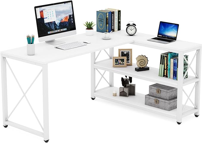 Tribesigns Reversible Industrial L-Shaped Desk with Storage Shelves, Corner Computer Desk PC Laptop Study Table Workstation for Home Office Small Space (White, 59") - LeafyLoom