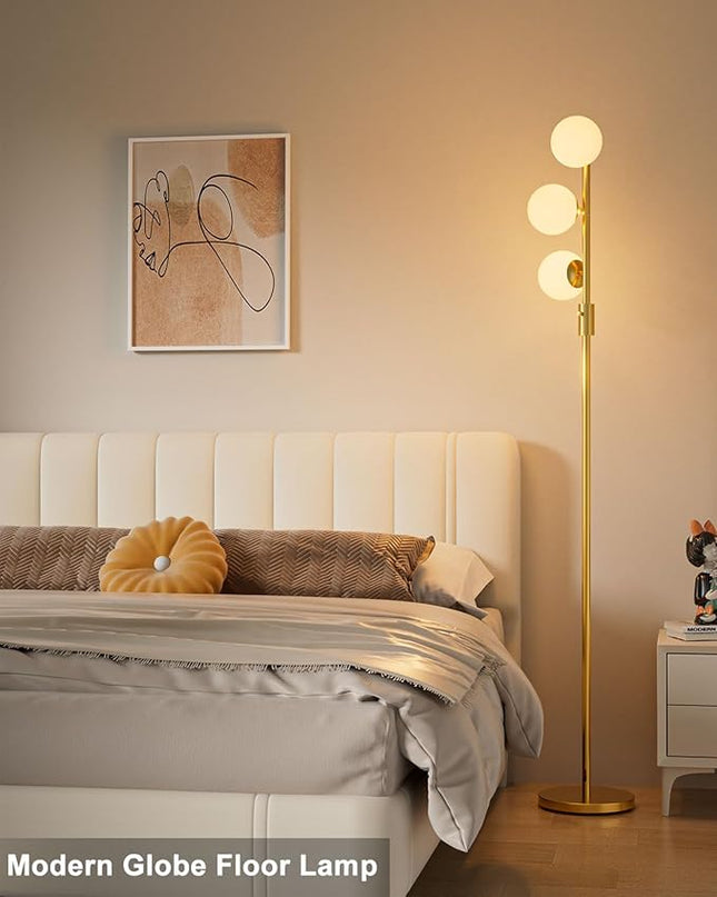 Lightdot Dimmable (Brightness Adjustable) Globe Floor Lamp, Gold Pole Standing Lamps with 3PCS 3000K G9 Bulbs, Mid Century Modern Floor Lamp for Living Room - LeafyLoom