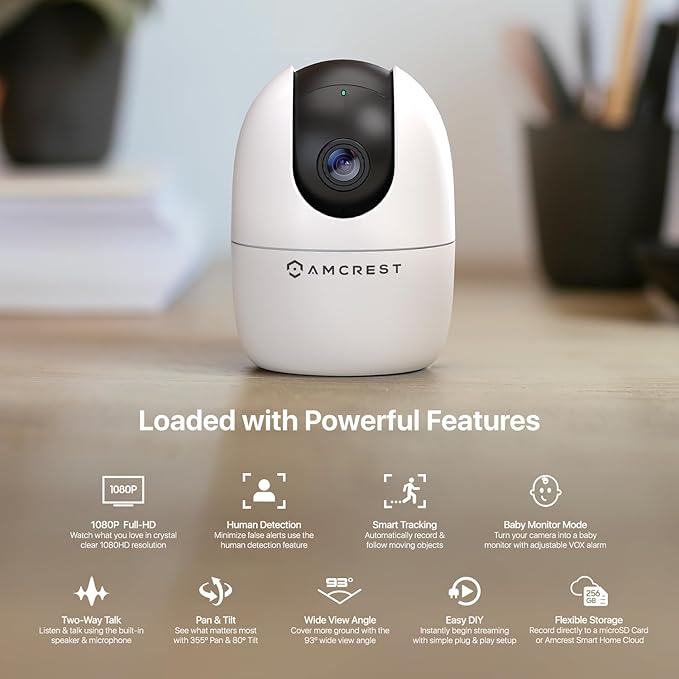 Amcrest 1080P WiFi Camera Indoor, Nanny Cam, Dog Camera, Sound & Baby Monitor, Human & Pet Detection, Motion-Tracking, Phone App, Pan/Tilt Wireless IP Camera, Night Vision, Smart Home ASH21-W Amcrest