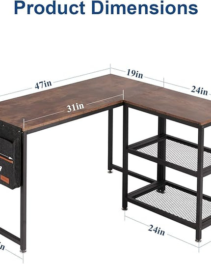 VECELO L Shaped Computer Gaming Corner Desk 47 Inch Study Writing Table, Home Office Workstation with Storage Shelves & Bag, Brown - LeafyLoom