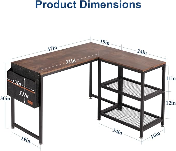 VECELO L Shaped Computer Gaming Corner Desk 47 Inch Study Writing Table, Home Office Workstation with Storage Shelves & Bag, Brown - LeafyLoom