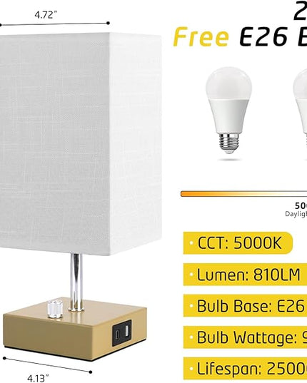 Small Table Lamp Set of 2 - Fully Dimmable Bedside Lamp for Bedroom Kids with USB C+A Ports & AC Outlet, Gold Nightstand Lamp for Home Office. Square Beige Fabric Shade Metal Base(LED Blubs Included). - LeafyLoom
