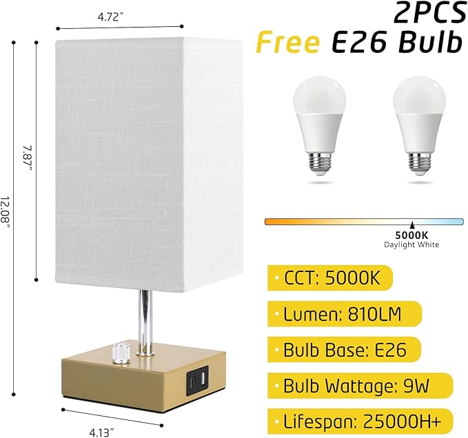 Small Table Lamp Set of 2 - Fully Dimmable Bedside Lamp for Bedroom Kids with USB C+A Ports & AC Outlet, Gold Nightstand Lamp for Home Office. Square Beige Fabric Shade Metal Base(LED Blubs Included). - LeafyLoom