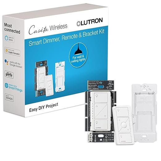 Lutron Caseta 3 Way Smart Dimmer Switch Kit, w/ Wireless 3 way Pico Remote and Bracket, Light Switch for LED Lights, No Neutral Required, P-PKG1WB-WH Lutron