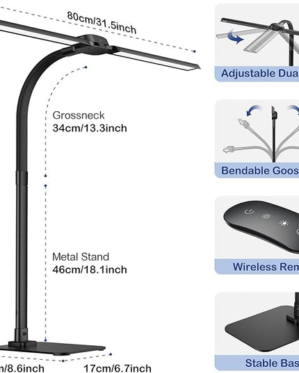 Desk Lamp with USB Charging Port for Home Office 24w Architect Remote Base Dual Task Led Light Modern 5 Color Modes Dimmable Adjustable Gooseneck Double Head Reading Drafting Eye Caring Tall Lamps - LeafyLoom