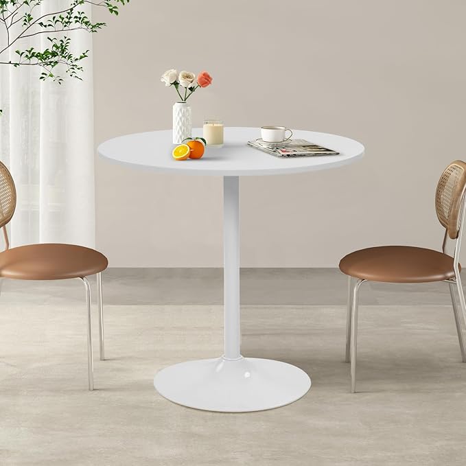 FurnitureR 31.5" Mid-Century Round Dining Table for 2-4 People with Pedestal Base for Home Office Living Room Kitchen Leisure, 31.5 inches, White - LeafyLoom