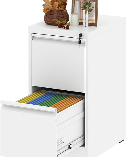 Vertical File Cabinet with Drawer, 2 Drawer File Cabinet with Lock, Filing Cabinets for Home Office, Hanging Files for A4/ Legal/Letter, White - LeafyLoom