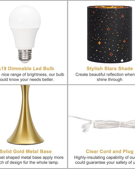 Touch Lamp for Bedroom, 3 Way Dimmable Gold Table Lamp with Black Starry Shade, Decorative Nightstand Lamp Ambient Beside Light for Living Room, Guest Room, Office 3000K LED Bulb Included - LeafyLoom