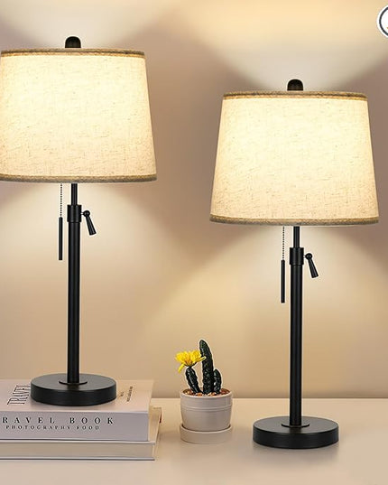 Table Lamps for Living Room Set of 2, Modern Bedside Lamps for Bedroom Height Adjustable Desk Lamp Dimmable Black Nightstand Lamps with Beige Lampshade, Pull Chain Table Lamp for Office Restaurant - LeafyLoom