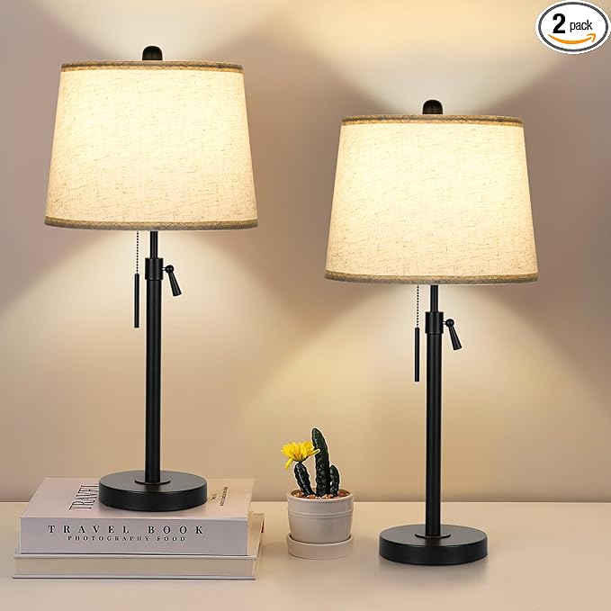 Table Lamps for Living Room Set of 2, Modern Bedside Lamps for Bedroom Height Adjustable Desk Lamp Dimmable Black Nightstand Lamps with Beige Lampshade, Pull Chain Table Lamp for Office Restaurant - LeafyLoom