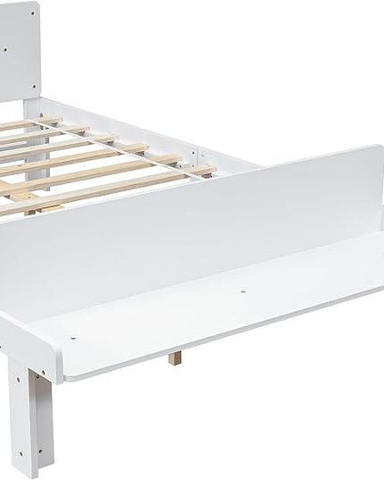 Full Bed with Footboard Bench, Full Kid Bed with Headboard, Wood Slat Support, Cute Kid Bed Frame with Book Storage Space, Full Car Bed for Boys Girls Bedroom, No Box Spring Needed, Grey - LeafyLoom