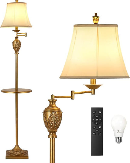 Traditional LED Floor Lamp with 350° Adjustable Swing Arm Lamp – Vintage Standing Pole lamp for Living Room, Bedroom and Office – Rustic Upright Floor Light for Home Décor with Silk Fabric Shade - LeafyLoom