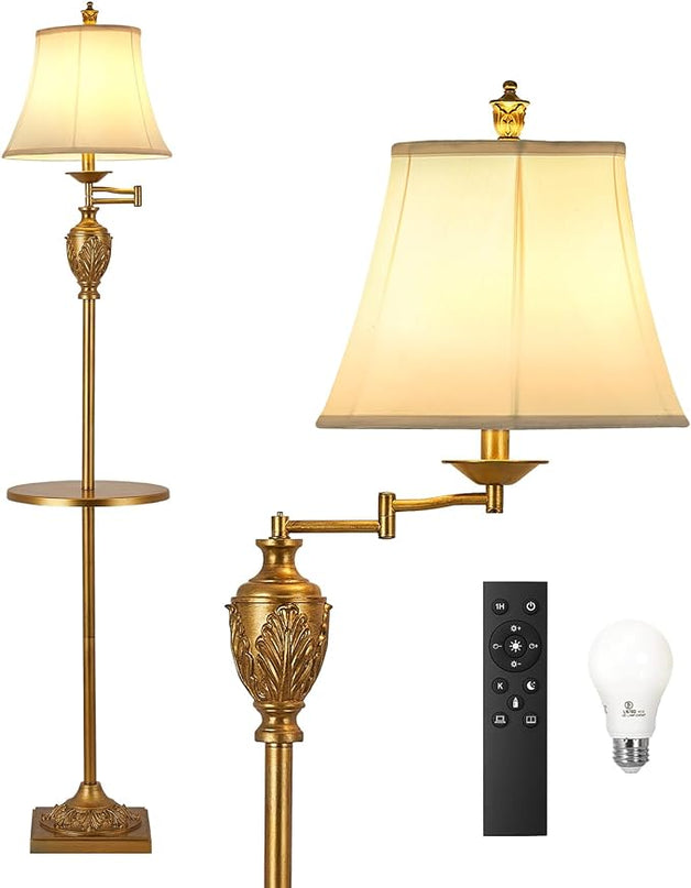 Traditional LED Floor Lamp with 350° Adjustable Swing Arm Lamp – Vintage Standing Pole lamp for Living Room, Bedroom and Office – Rustic Upright Floor Light for Home Décor with Silk Fabric Shade - LeafyLoom