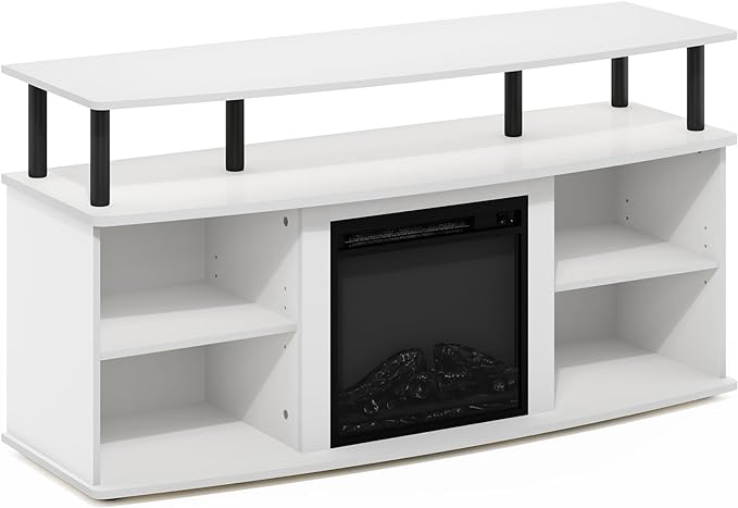Furinno Jensen Open Shelving Storage Fireplace TV Entertainment Center for TV up to 55 Inch, Solid White/Black - LeafyLoom