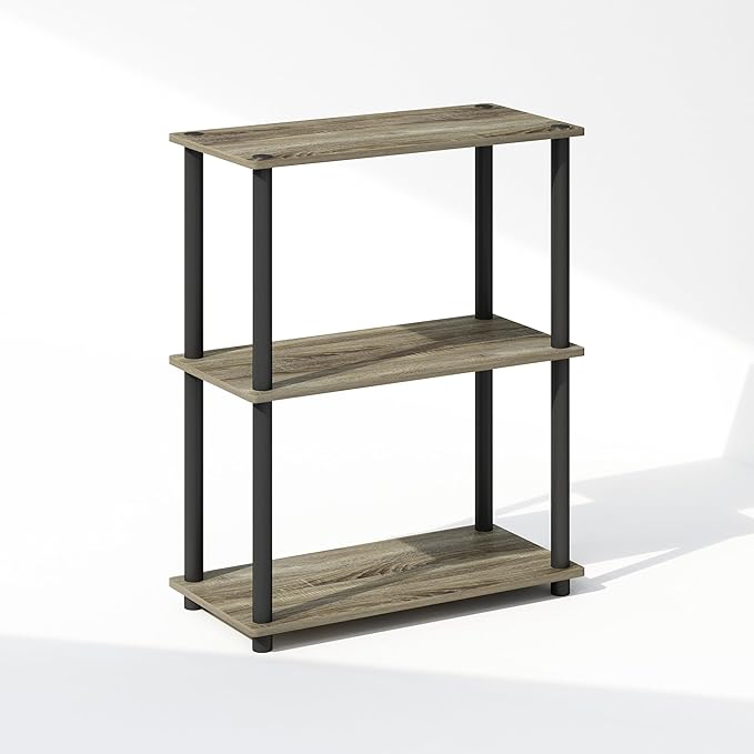 Furinno Turn-N-Tube 3-Tier Multipurpose Compact Display Rack, Shelving Unit, Bookcase, French Oak/Black - LeafyLoom