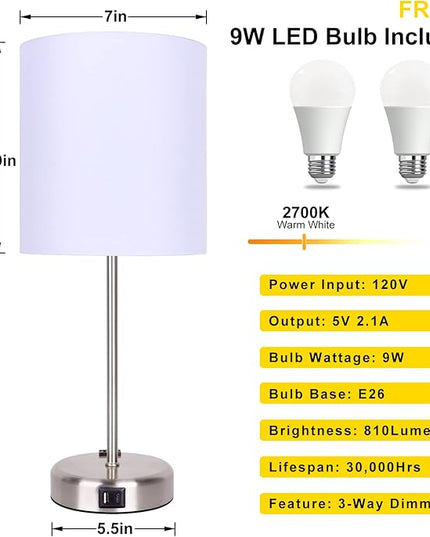 Bedside Touch Control Lamps for Bedroom Set of 2-3 Way Dimmable Table Lamp with USB A+C Charging Ports, Nightstand Lamp for Living Room Office, Bed Side Light with E26 LED Bulbs. - LeafyLoom