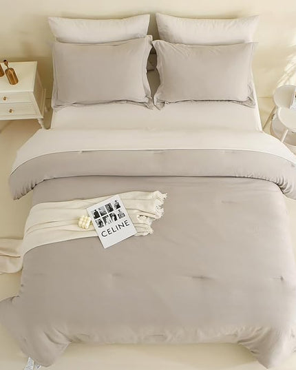 MILDLY California King Size Comforter Set 7 Piece Color Clash, Oatmeal Grey Bed in a Bag, All Season Bedding Sets with 1 Comforter, 2 Pillow Shams, 2 Pillowcases, 1 Flat Sheet, 1 Fitted Sheet - LeafyLoom