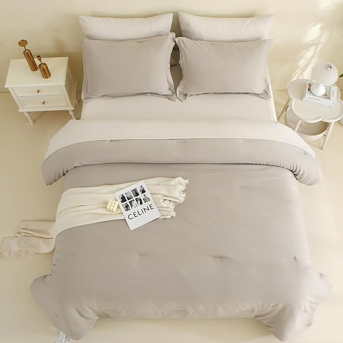 MILDLY California King Size Comforter Set 7 Piece Color Clash, Oatmeal Grey Bed in a Bag, All Season Bedding Sets with 1 Comforter, 2 Pillow Shams, 2 Pillowcases, 1 Flat Sheet, 1 Fitted Sheet - LeafyLoom