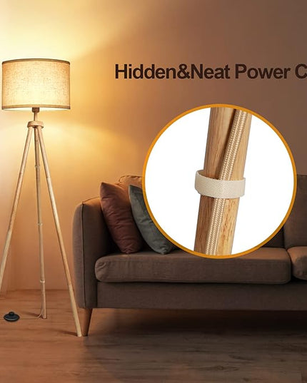 OUTON Tripod Floor Lamp, Floor Lamp with Remote Control, 4 Color Temperature, Modern Dimmable Tall Standing Lamp with Beige Linen Texture Shade for Living Room, Bedroom, Office (Nature Wood) - LeafyLoom