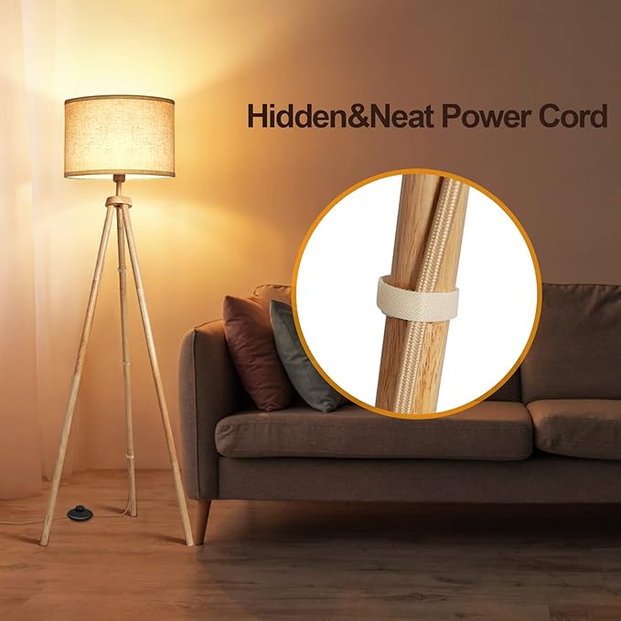 OUTON Tripod Floor Lamp, Floor Lamp with Remote Control, 4 Color Temperature, Modern Dimmable Tall Standing Lamp with Beige Linen Texture Shade for Living Room, Bedroom, Office (Nature Wood) - LeafyLoom