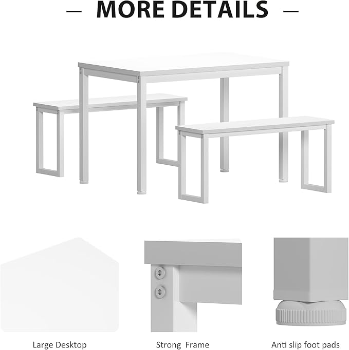 soges Kitchen Table Set with 2 Benches, White Dining Table Set for 4, 3 Piece Dining Room Table and Long Benches, Breakfast Table Coffee Table Set, Industrial Style Wooden Kitchen and Dining Room Set - LeafyLoom