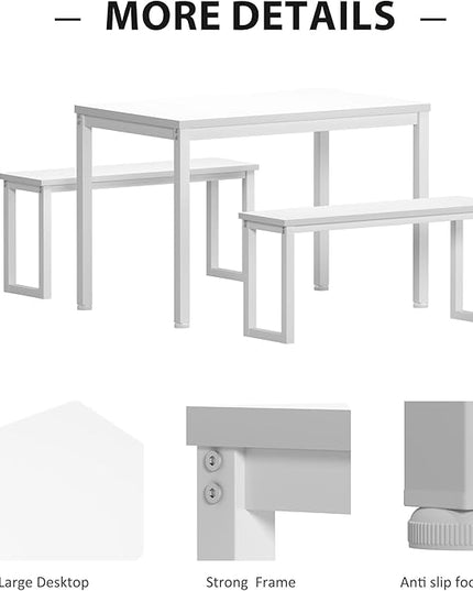 SDHYL Dining Table Set, 45in Dining Table Sets with 2 Benches, Dining Room Table Set for 3, Small Rectangular Wood Dining Table with 2 Bench Chairs/3 Piece Set for Home, Kitchen, Dining Room, White - LeafyLoom