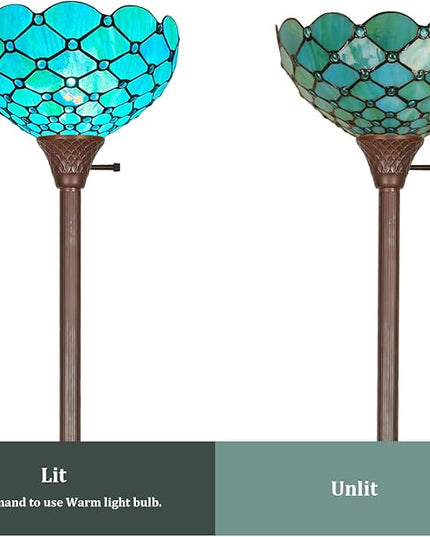 Capulina Tiffany Torchiere Floor Lamp 69 Inches Tall Industrial Pole Seagrass Blue Beads Style Stained Glass Standing Light for Home Office Living Room Bedroom - LeafyLoom
