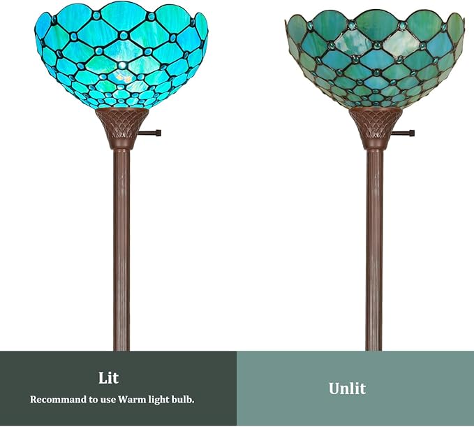 Capulina Tiffany Torchiere Floor Lamp 69 Inches Tall Industrial Pole Seagrass Blue Beads Style Stained Glass Standing Light for Home Office Living Room Bedroom - LeafyLoom