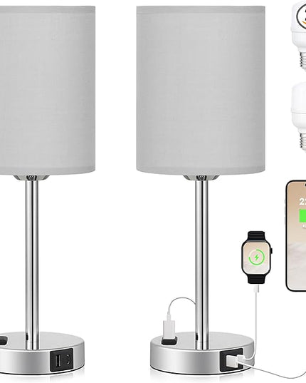Grey Touch Lamps for Bedrooms Set of 2 - 3 Way Dimmable Bedside Lamp with USB C and A Ports and Outlets, Modern Nightstand Lamp with Gray Shade and Silver Base, Small Table Lamps for Kids Nursery - LeafyLoom
