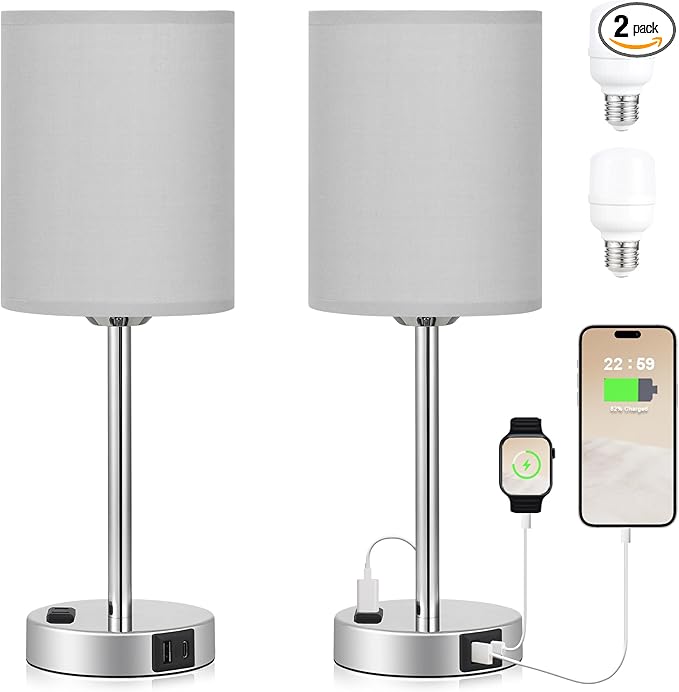 Grey Touch Lamps for Bedrooms Set of 2 - 3 Way Dimmable Bedside Lamp with USB C and A Ports and Outlets, Modern Nightstand Lamp with Gray Shade and Silver Base, Small Table Lamps for Kids Nursery - LeafyLoom