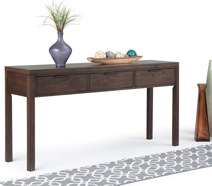 SIMPLIHOME Hollander SOLID WOOD 60 inch Wide Wide Console Sofa Entryway Table in Warm Walnut Brown with Storage, 3 Drawers , for the Living Room, Entryway and Bedroom - LeafyLoom