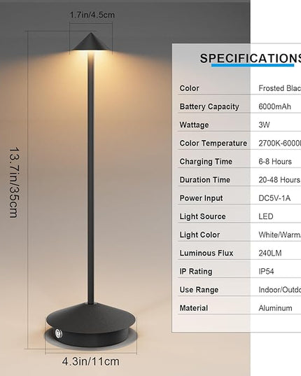 2-Pack 6000mAh Rechargeable LED Table Lamps,Outdoor Cordless Table Lamp Waterproof Portable, 3-Color Stepless Dimmable Modern Lamp for Restaurant/Bedroom(Black) - LeafyLoom