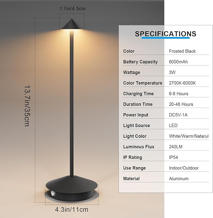 2-Pack 6000mAh Rechargeable LED Table Lamps,Outdoor Cordless Table Lamp Waterproof Portable, 3-Color Stepless Dimmable Modern Lamp for Restaurant/Bedroom(Black) - LeafyLoom